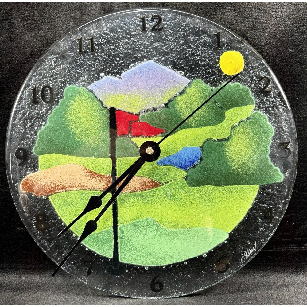Vintage 1990s Peggy Karr Fused Glass Clock GOLF New Hands and Movement 9" Works